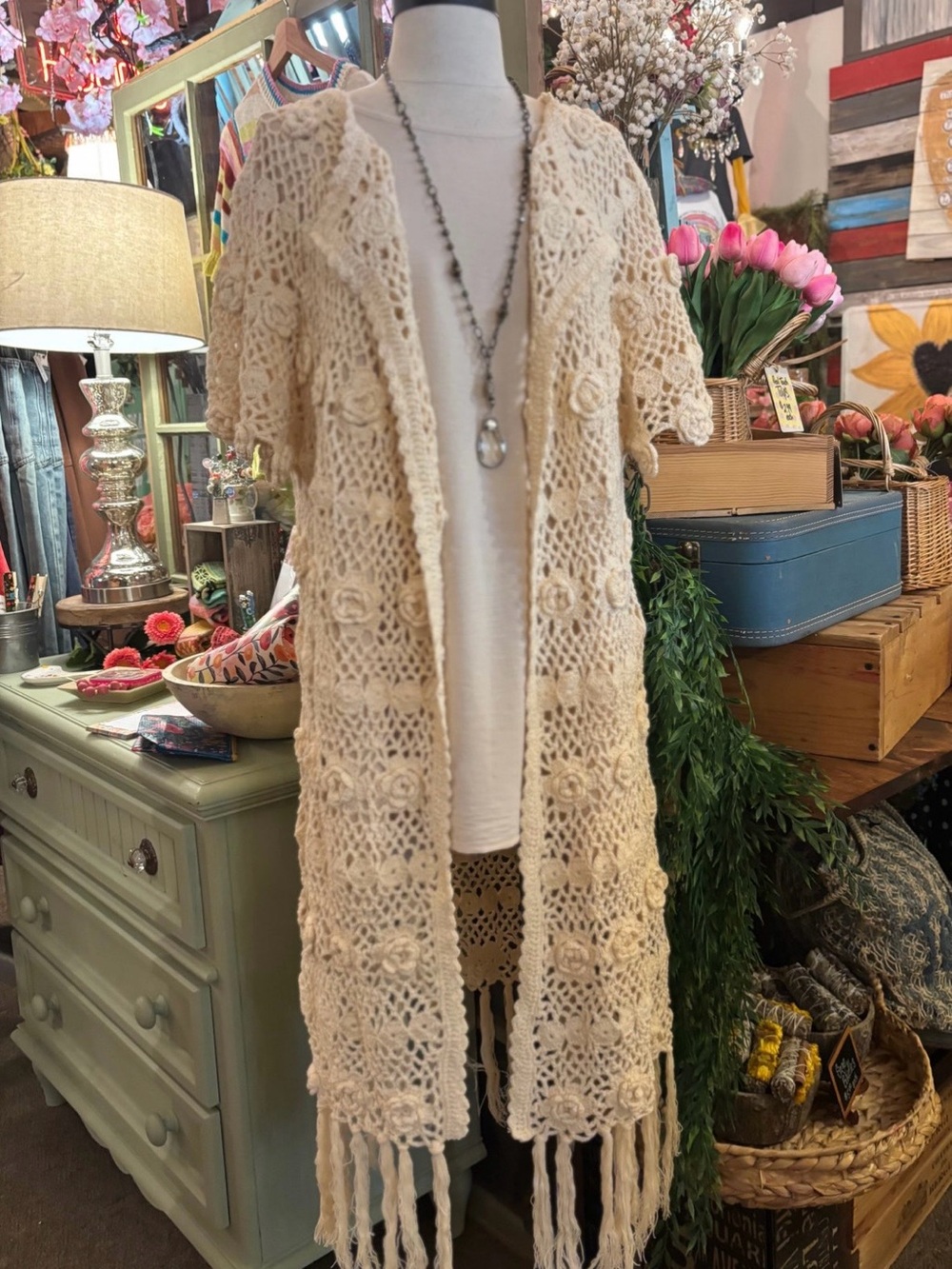 POL Cream Crochet Fringe Duster Cardigan